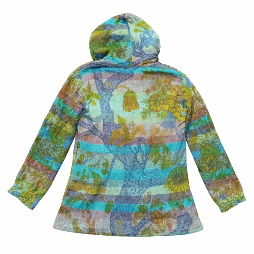 Rare 90s Cotton Exotic Safari Bohemian Hoodie Medium Yellow Teal Sunflower